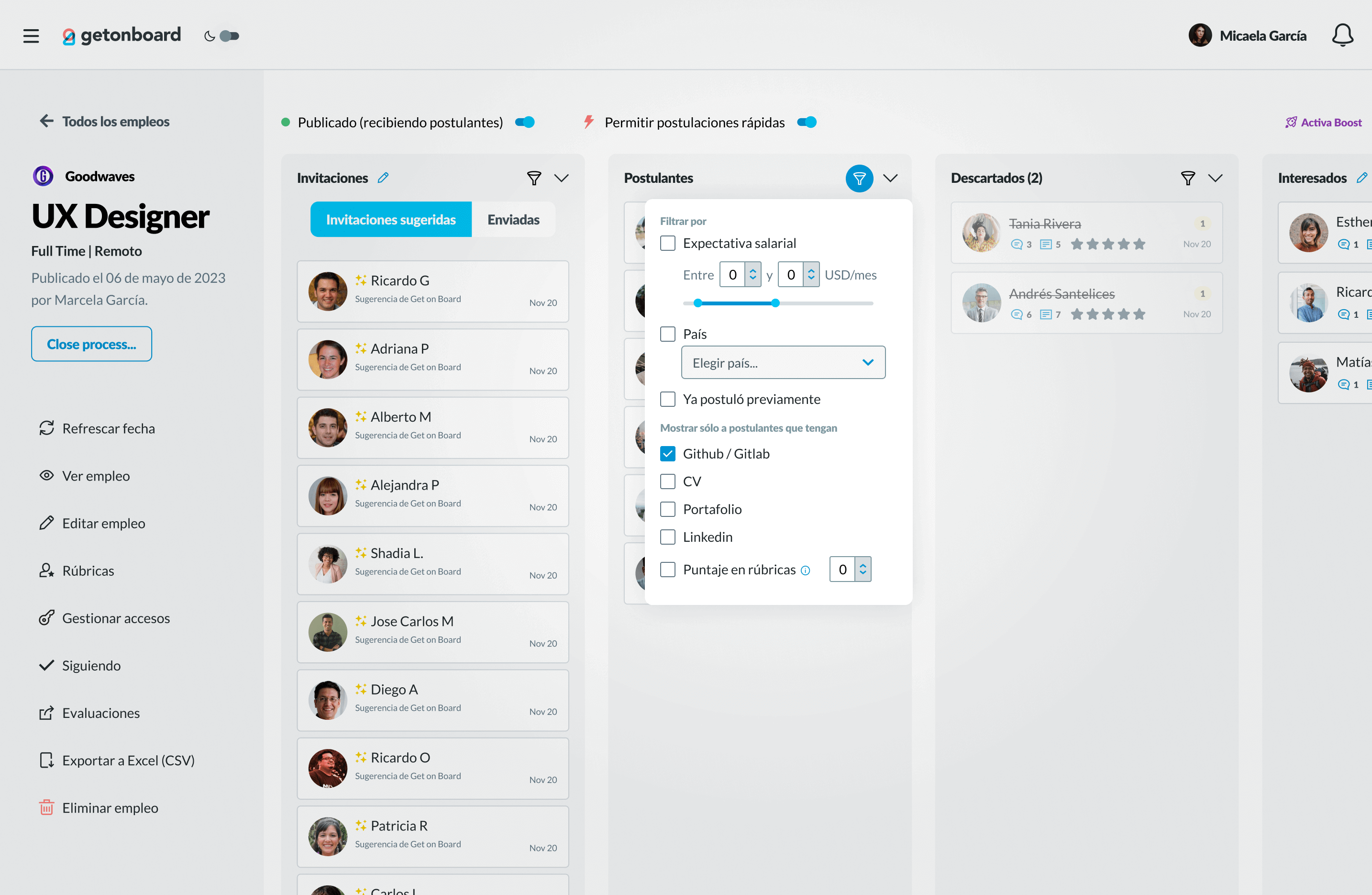 Tablero Kanban de cada proceso